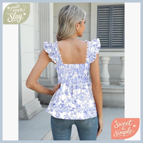 Ruffle Sleeve Smocked Tank Top, Square Neck Babydoll Shirt, Polyester Blend - Picture 4 of 7